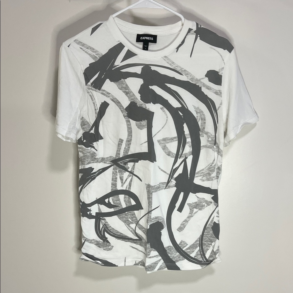 Express Men's White Tee with Black Abstract Design